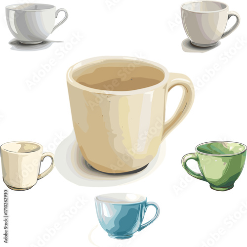 set of cup in color style isolated on white, kitchen appliances in color style no background