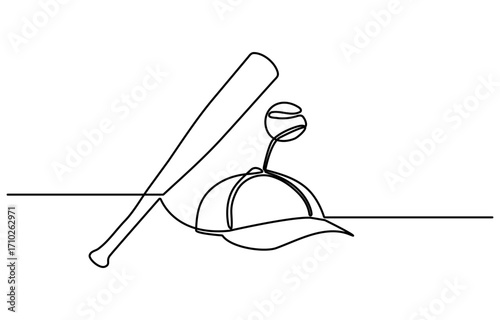 Continuous one line Art drawing cricket bat, ball, and wicket ca[ stumps isolated on white. Set equipment for cricket game. with white background