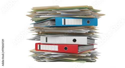 Photos Isolated messy paperwork pile with ring binders in office or home storage, archi