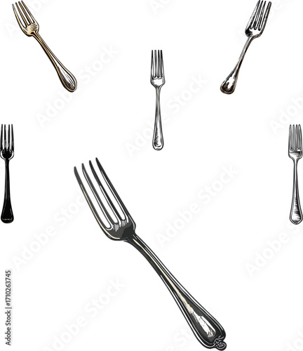 set of fork in color style and no background, kitchen appliances set isolated on white background