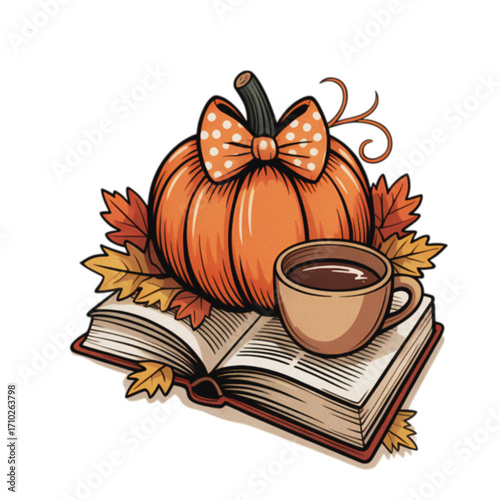 Cozy Autumn Reading Scene with Pumpkin and Hot Coffee isolated in png