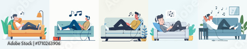 vector of a man sitting relaxed on a sofa wearing headphones
