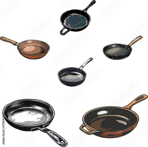 set of frying pan in color style and no background, set of cooking ware in color style