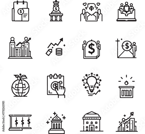 Finance and business icons with calendar dollar chart briefcase globe handshake lightbulb and government building in black outline style