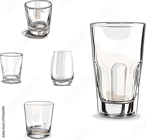 set of tableware in color style isolated on white, glasses isolated on white background