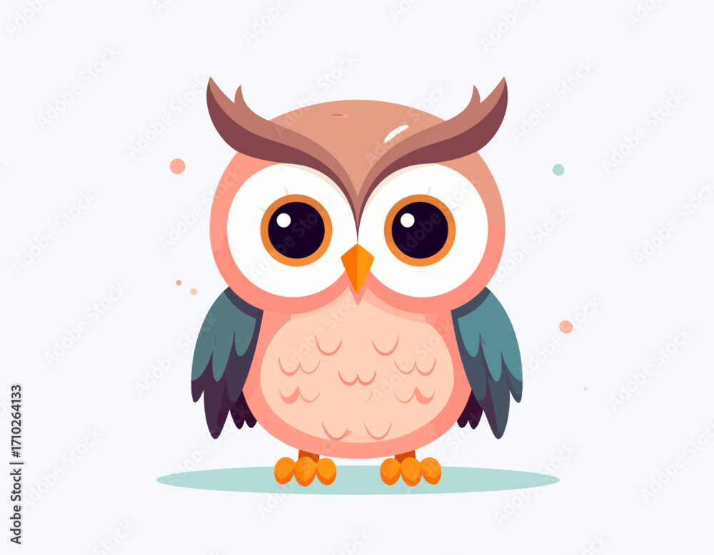 Fototapeta premium Cute cartoon owl illustration with big eyes and wings.