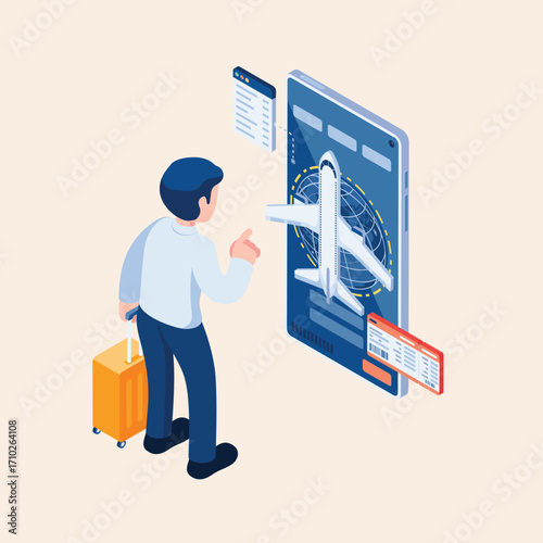 A man with luggage books an international flight ticket online using a smartphone application for his upcoming vacation journey