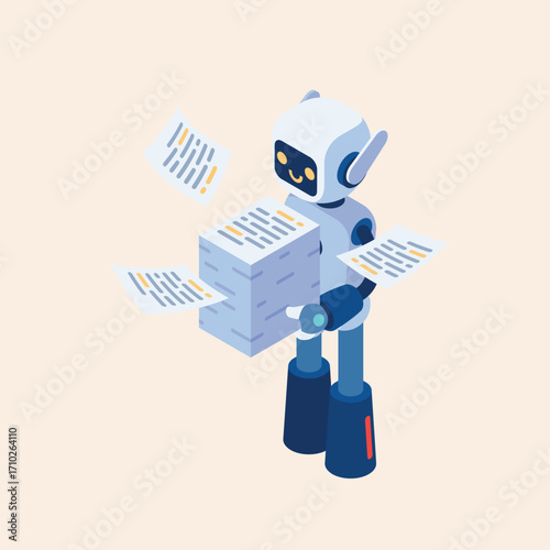 Happy robot character working with a large stack of papers, representing efficient workflow automation and modern technology