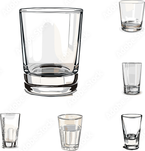 set of glass isolated on white, set of tableware in color style 