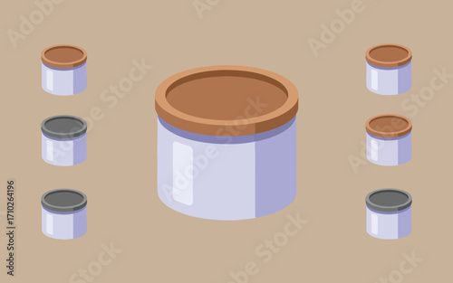 Collection of isometric jars with lids on a neutral background