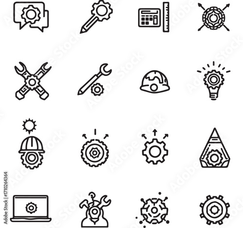 Engineering icons with gear helmet wrench laptop ruler pencil lightbulb and tools in black outline style