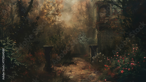 Path and steps leading to misty garden. Moody oil painting of a Victorian garden. Muted colors, decorative ornaments and lush plant growth in Victorian era garden.