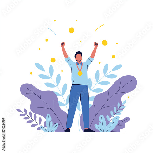 Happy successful man with a gold medal celebrating victory, a champion raising his arms in triumph. Flat vector concept of achievement