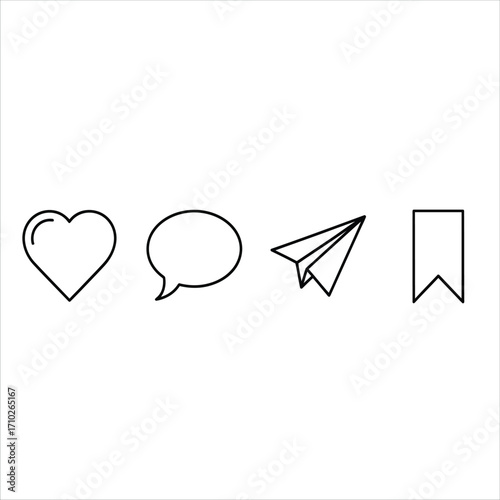Vector illustration of essential social media interface symbols. This icon set includes the like heart, comment bubble, share paper plane, and save bookmark for user engagement on digital platforms