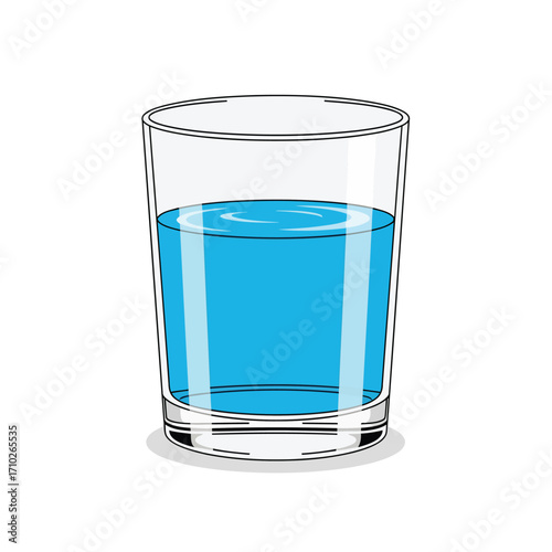 A glass of water, partially filled, clear glass, blue liquid, simple illustration.