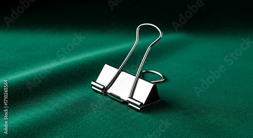 Chrome binder clip resting atop of textured emerald green velvet fabric