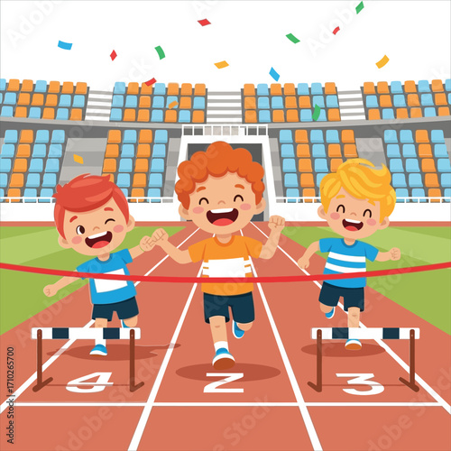 Happy children running a hurdle race, crossing the finish line in a stadium celebration. Cartoon vector illustration of a kids' sports day competition