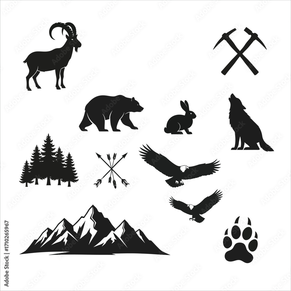 Fototapeta premium Wildlife Adventure A Collection of Majestic Mountain Animals, Nature-Inspired Illustrations