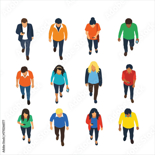 Top view vector set of diverse people walking and using smartphones. A flat design illustration of a crowd from above