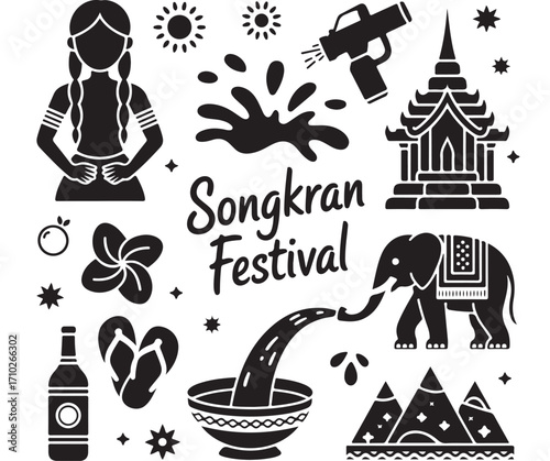 Songkran Festival icons with water splash elephant temple bowl flower flip-flops and traditional Thai symbols in black silhouette style