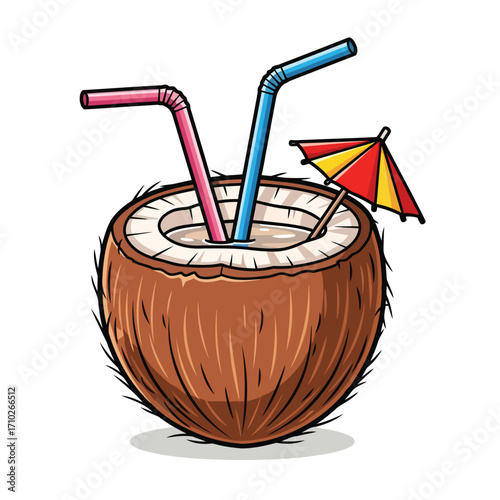 A refreshing coconut drink with two straws and a small umbrella, perfect for a tropical vacation.