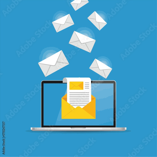 Email marketing concept with a laptop sending and receiving electronic messages. Vector illustration of digital communication, online newsletters, and internet correspondence