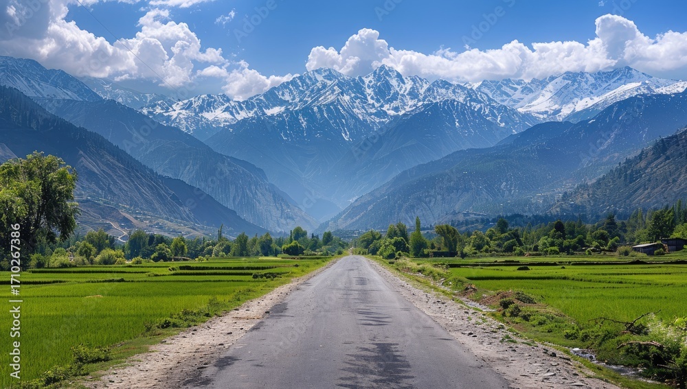 Naklejka premium A paved road stretches into a valley, flanked by verdant rice paddies and culminating in a majestic, snow-capped mountain range under a vibrant blue sky