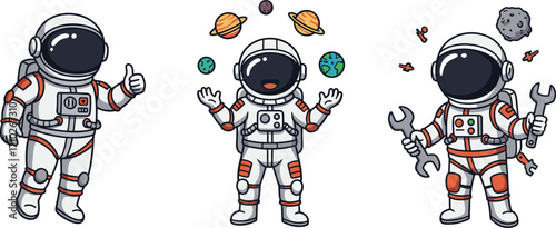 Cartoon astronaut illustration, space explorer character, juggling planets, astronaut with tools, thumbs up gesture, cosmic adventure, funny space art, galaxy, stars, universe
