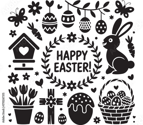Happy Easter icons with rabbit eggs cross tulips birdhouse cake and spring wreath in black silhouette styleHappy Easter icons with rabbit eggs cross tulips birdhouse cake and spring wreath in black si