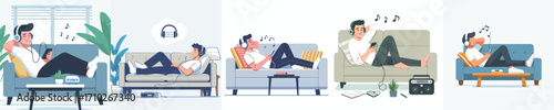 vector of a man sitting relaxed on a sofa wearing headphones