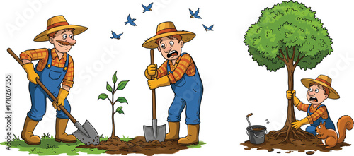 Cartoon farmers planting trees with tools, funny expressions, nature scene, digging soil, reforestation work, outdoor gardening, eco-friendly farming illustration