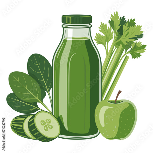 Green Detox Juice Bottle with Spinach Celery Apple and Cucumber Illustration