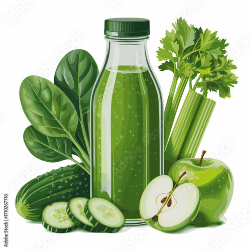 Green Detox Juice Bottle with Spinach Celery Apple and Cucumber Illustration
