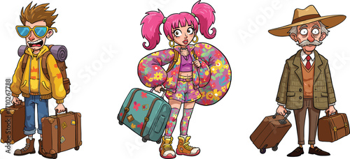 Cartoon travelers with luggage, quirky outfits, travel fashion characters, funny tourist illustration, travel lifestyle, modern and vintage travel people