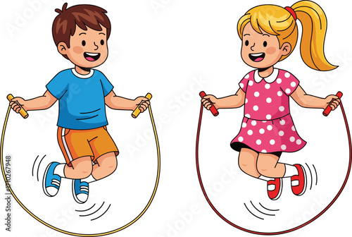 Cartoon boy and girl jumping rope, kids skipping activity, outdoor exercise, healthy lifestyle, children playing, fun fitness sport illustration