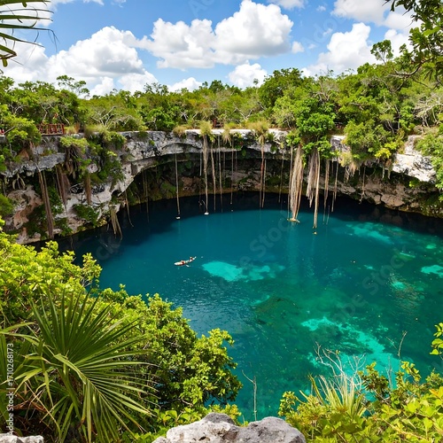 Lush Cenote, vibrant turquoise water