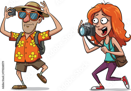 Funny cartoon tourists taking photos with camera and smartphone, happy vacation characters, travel photography adventure with male and female travelers