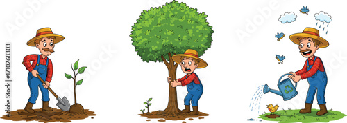 Tree planting, farmer care, nature love, environmental conservation, sustainable farming, nurturing trees, cartoon illustration, agriculture, eco-friendly lifestyle, growth