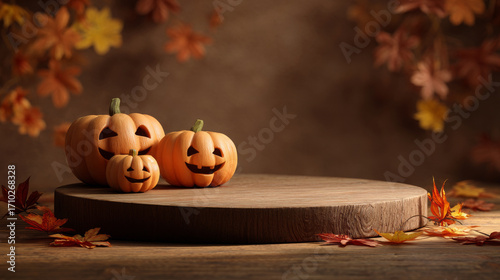 Orange pumpkins with carved faces on wooden pedestal. Brown background with maple leaves. Halloween jack-o-lantern on podium with autumn decoration. Generative AI.