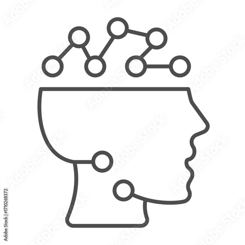 Human head with connections thin line icon, info tech concept. Vector graphics. Brain with neuron links, neural network sign on white background, outline style icon for mobile or web design.