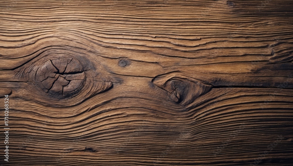 Naklejka premium A close-up shot of a weathered wooden surface, showing intricate grain patterns and natural textures. The warm tones of the wood create a sense of rustic charm