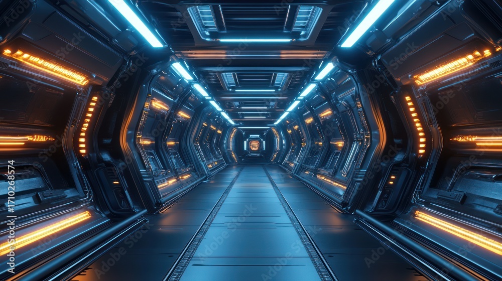Fototapeta premium Futuristic spaceship corridor, glowing lights, advanced tech
