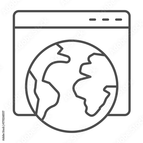 Browser website with planet Earth thin line icon, info tech concept. Vector graphics. Page of internet browser, global sign on white background, outline style icon for mobile or web design.
