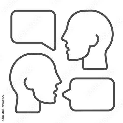 Two person faces and chat bubble thin line icon, info tech concept. Vector graphics. Human heads with talk, communication sign on white background, outline style icon for mobile or web design.