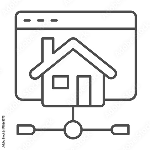 Website in home network thin line icon, info tech concept. Vector graphics. Cottage house page and connection, connectivity sign on white background, outline style icon for mobile or web design.