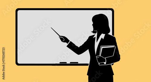 Silhouette of a woman teacher pointing to a whiteboard, holding books.