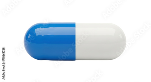 Isolated capsule medication with blue and white halves for healthcare and medical use