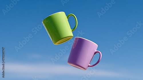 Two cups are flying in the air, one is green and the other is purple. The sky is blue and clear