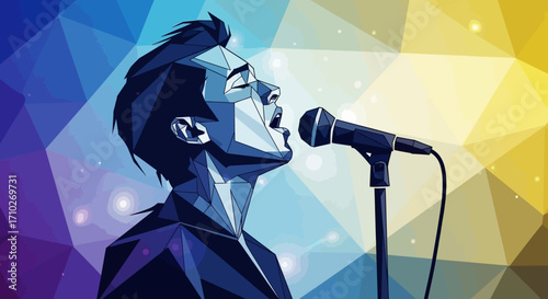 Illustration of a man singing into a microphone with a geometric background.