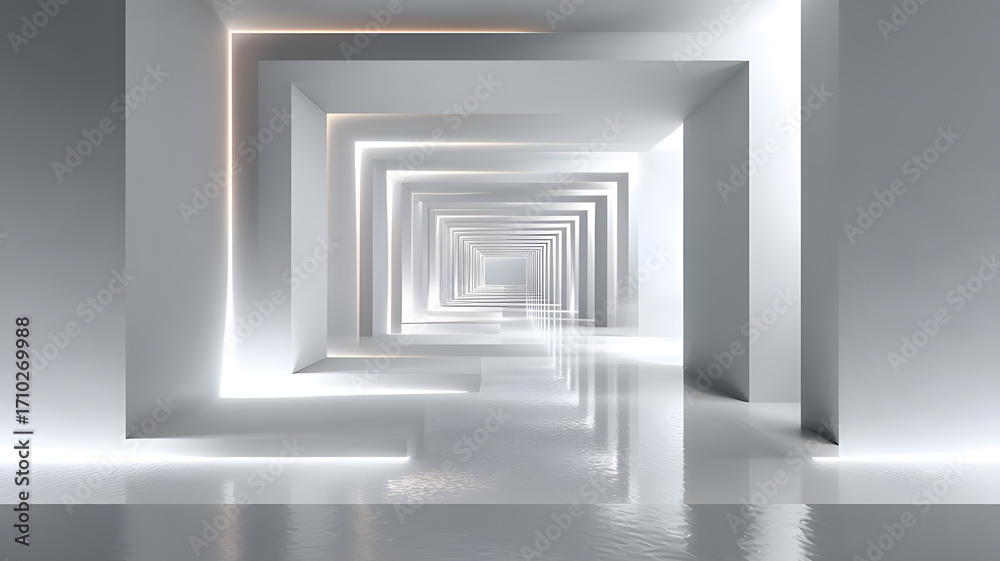 Fototapeta premium Abstract Futuristic Corridor with Bright Light and Reflection Effects